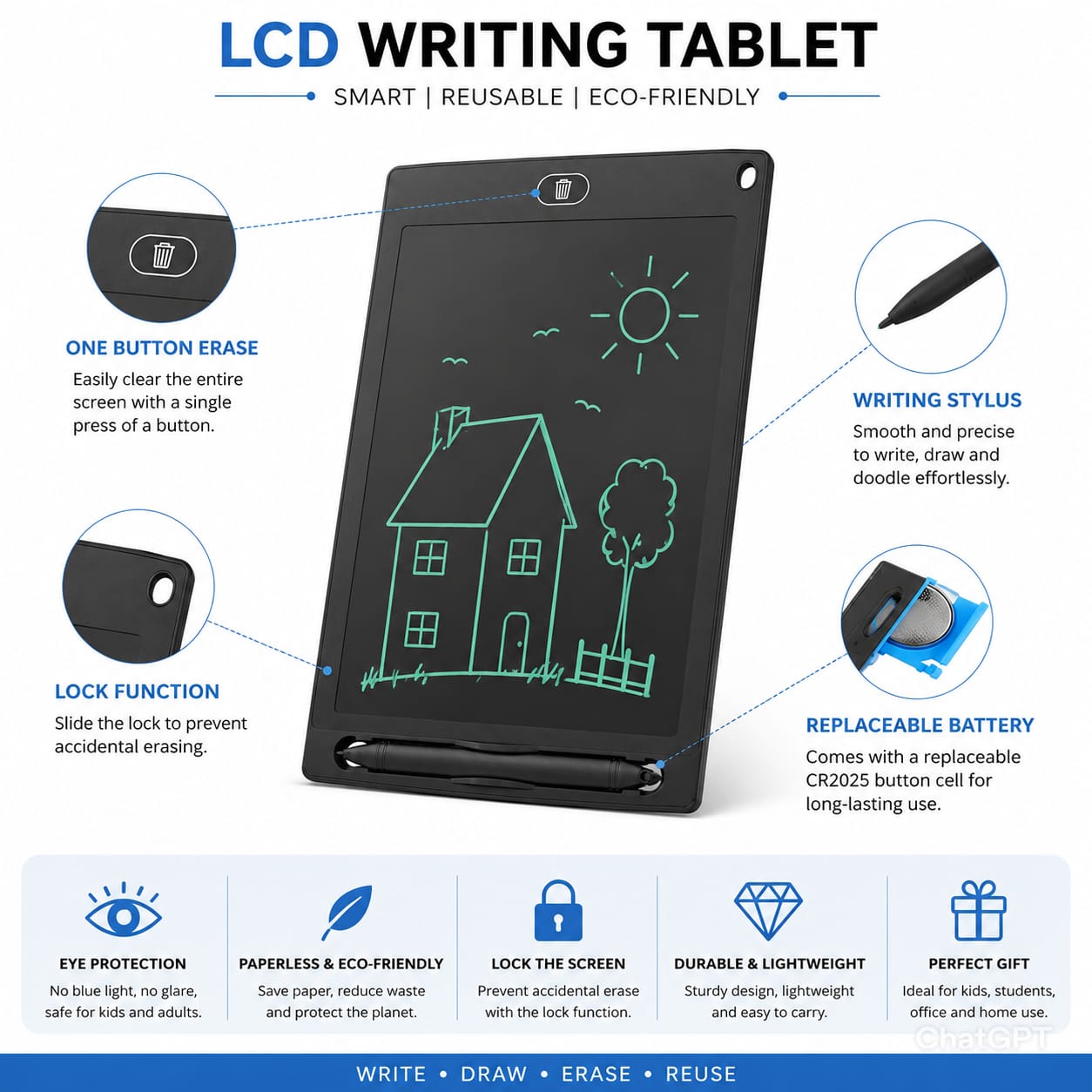 LCD Writing Tablet with Stylus | Reusable Digital Drawing Pad - Image 3