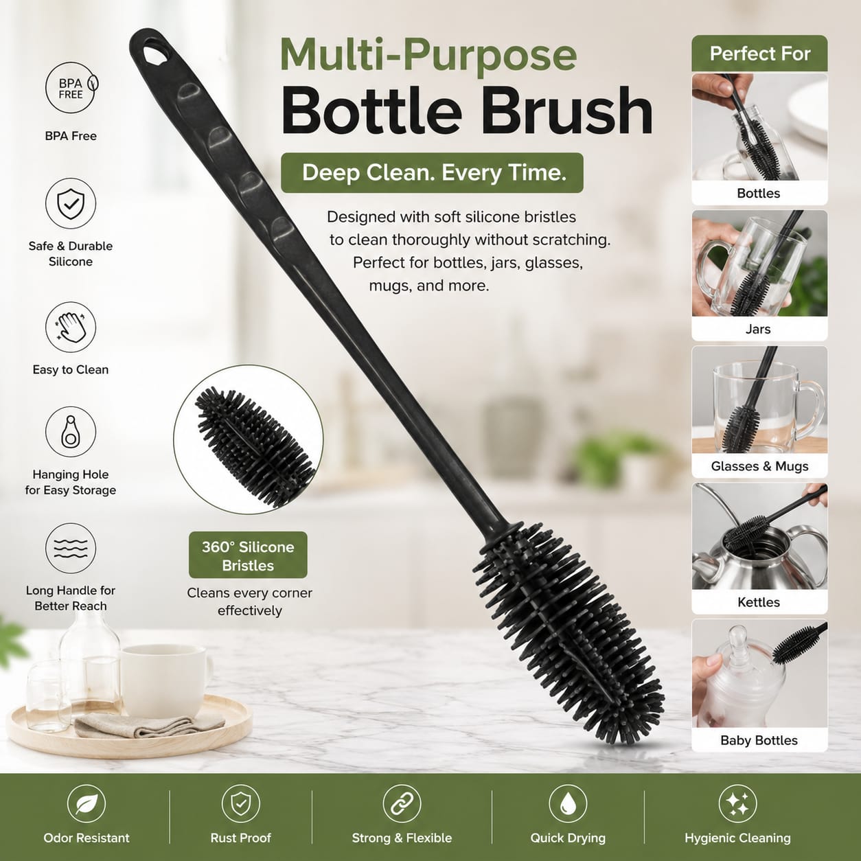 Silicone Bottle Cleaning Brush with Long Handle | Kitchen Cleaning Tool - Image 2
