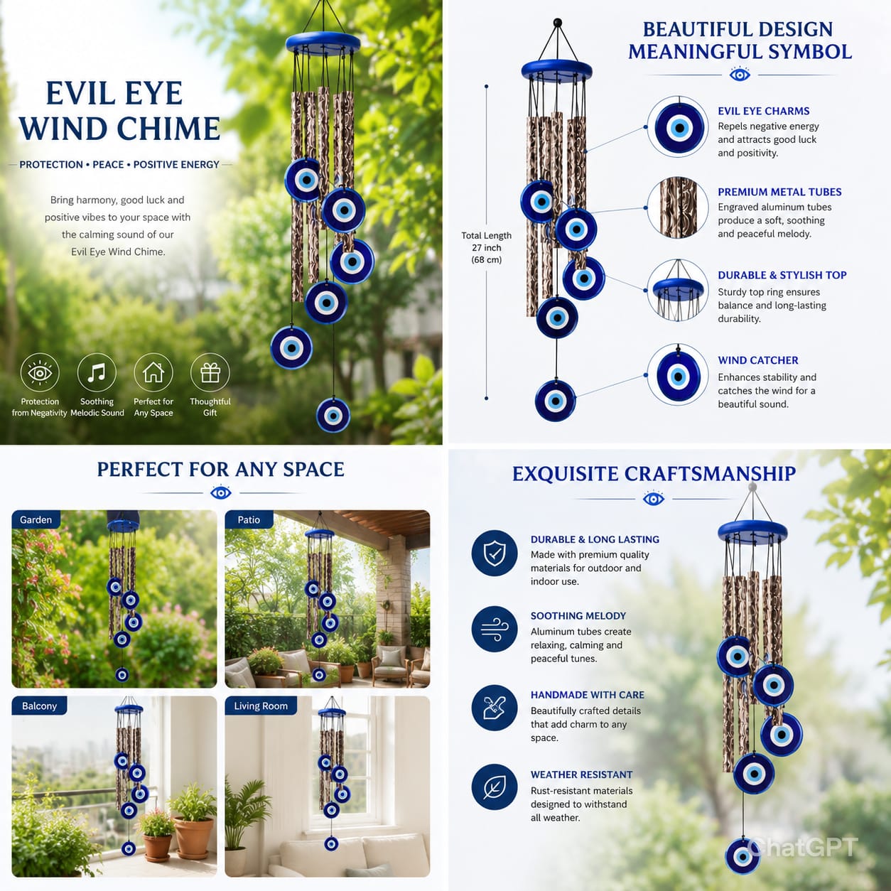 Evil Eye Wind Chime for Home Decor | Hanging Nazar Protection Decorative Chime - Image 2