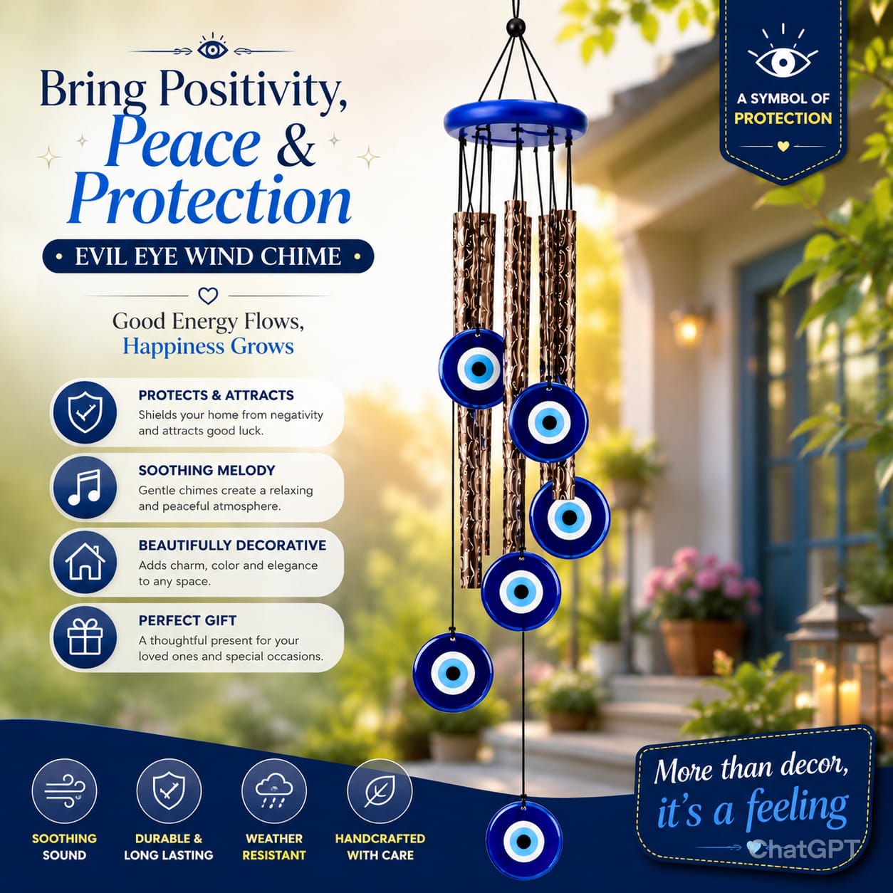 Evil Eye Wind Chime for Home Decor | Hanging Nazar Protection Decorative Chime - Image 3