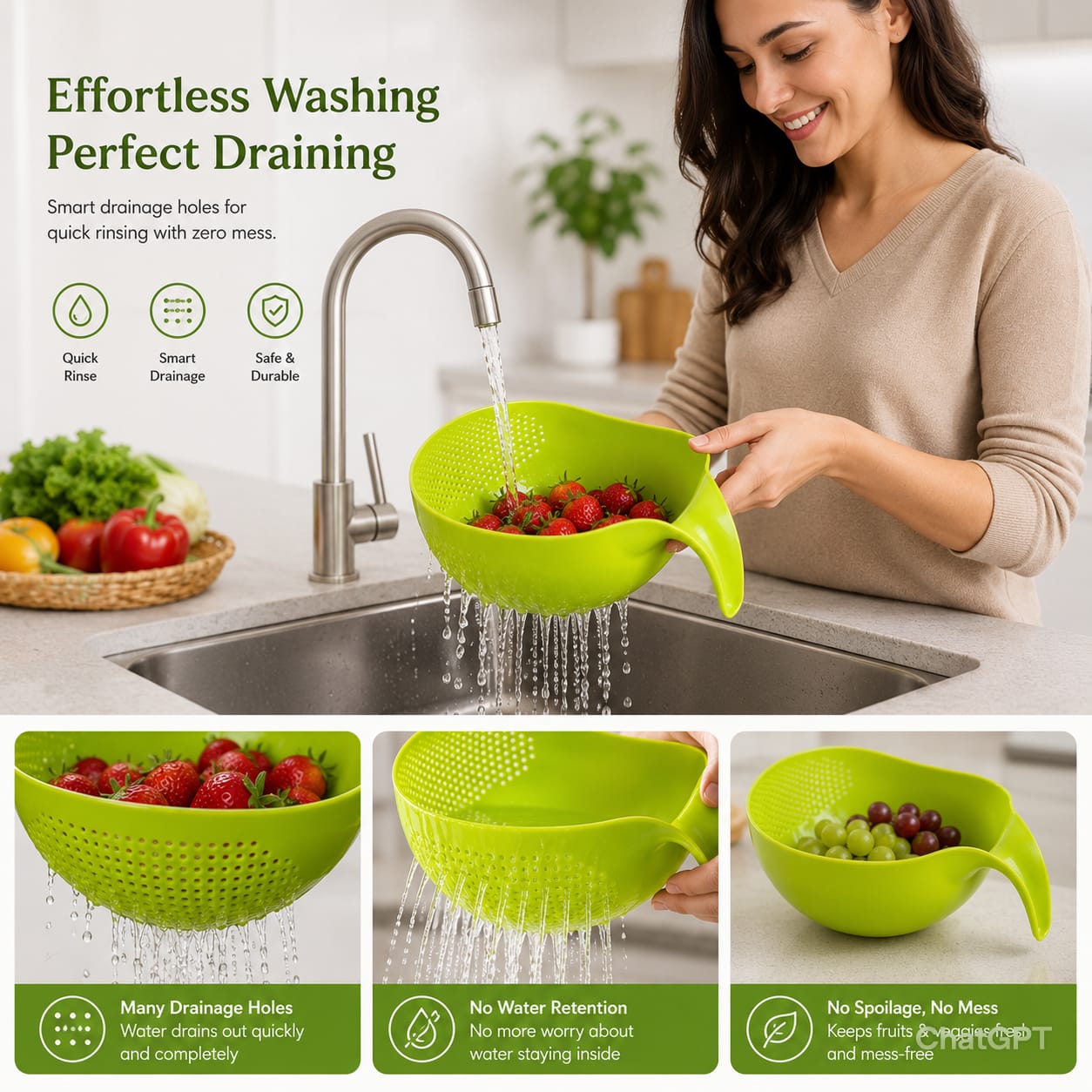 Multi-Purpose Kitchen Strainer Bowl with Handle | Wash, Drain & Serve - Image 2