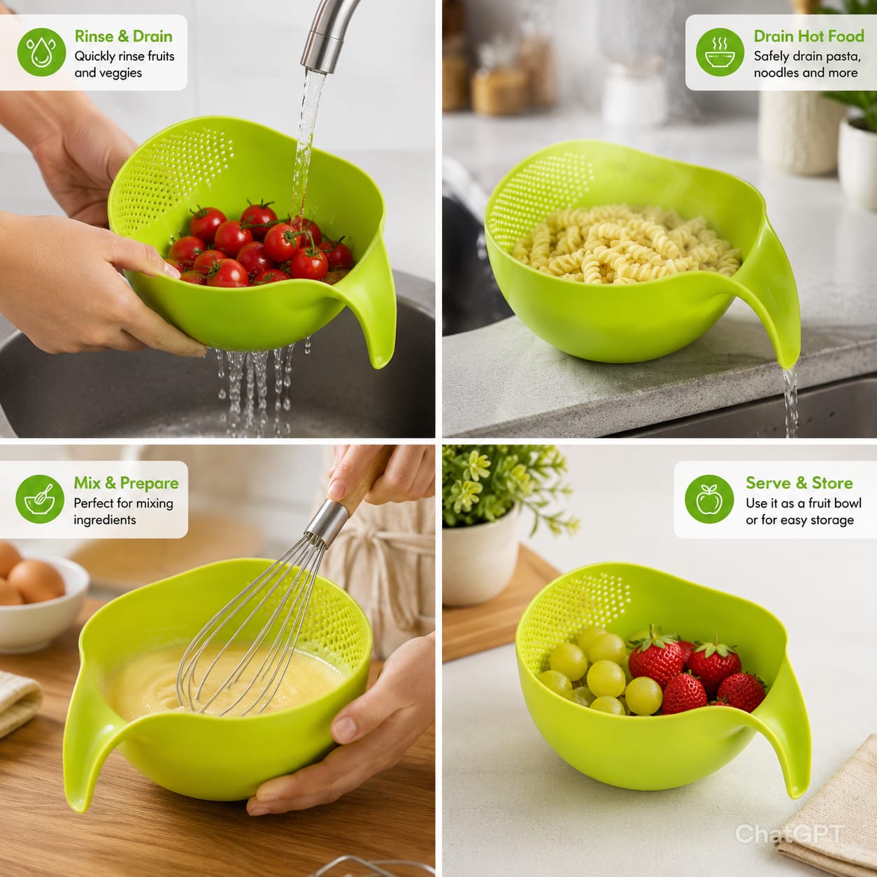 Multi-Purpose Kitchen Strainer Bowl with Handle | Wash, Drain & Serve - Image 3