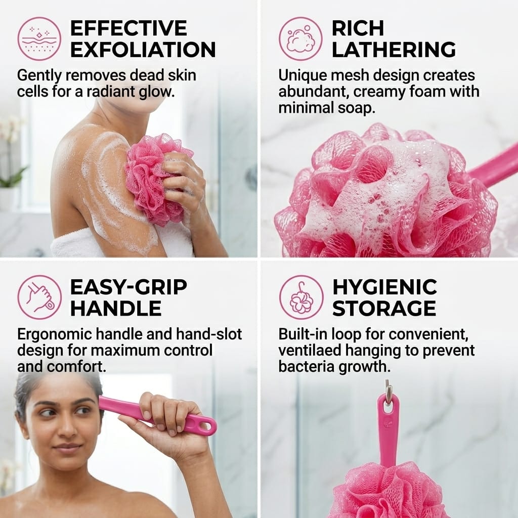Soft Mesh Bath Loofah with Long Handle | Body Shower Scrubber - Image 4