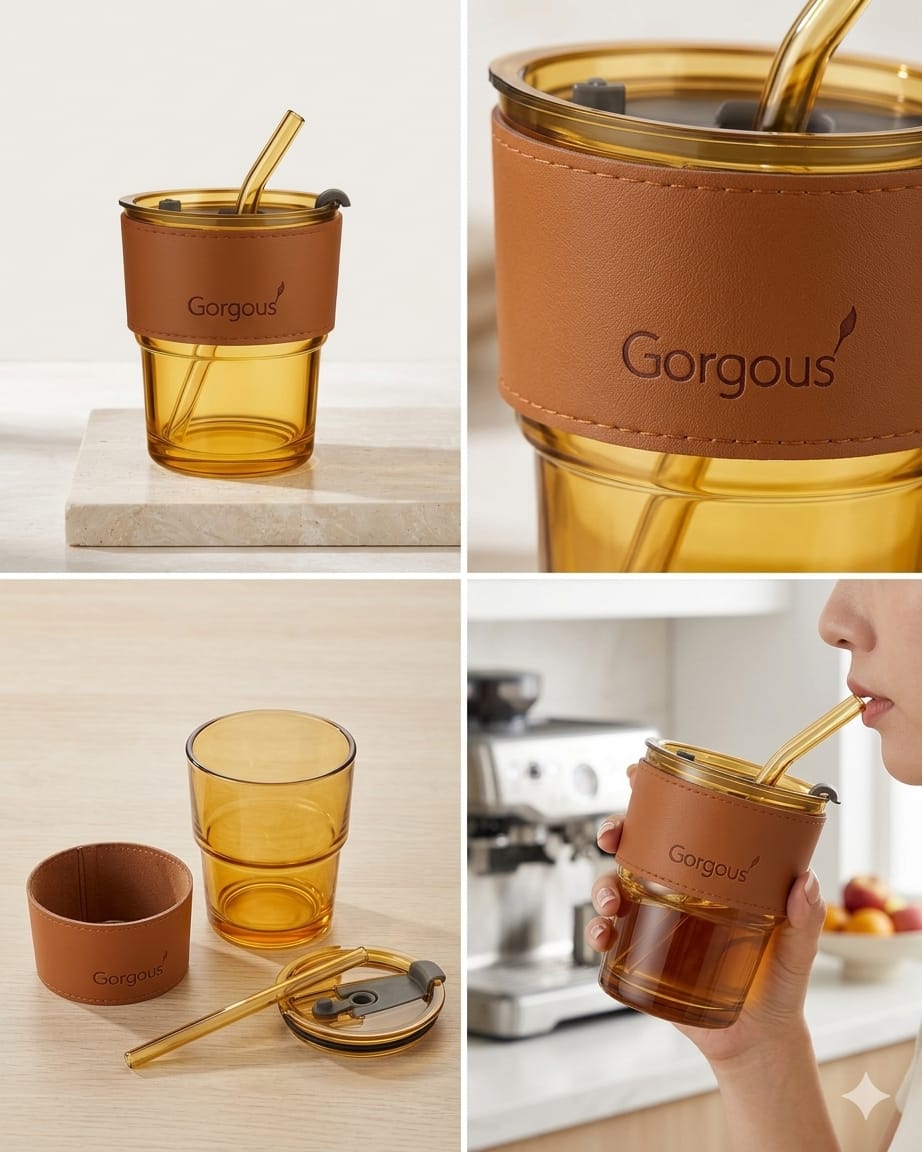 Glass Tumbler with Lid & Straw for Coffee, Tea & Cold Drinks - Image 2