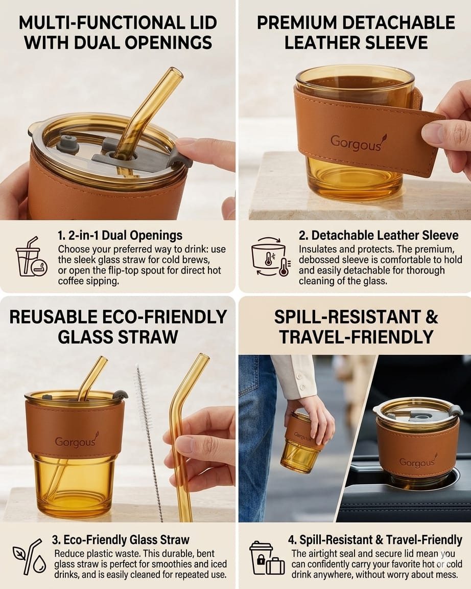 Glass Tumbler with Lid & Straw for Coffee, Tea & Cold Drinks - Image 4
